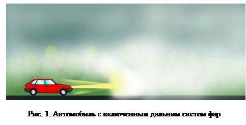 Надпись:  
Рис. 1. Автомобиль с включенным дальним светом фар