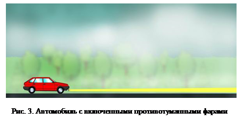 Надпись:  
Рис. 3. Автомобиль с включенными противотуманными фарами
